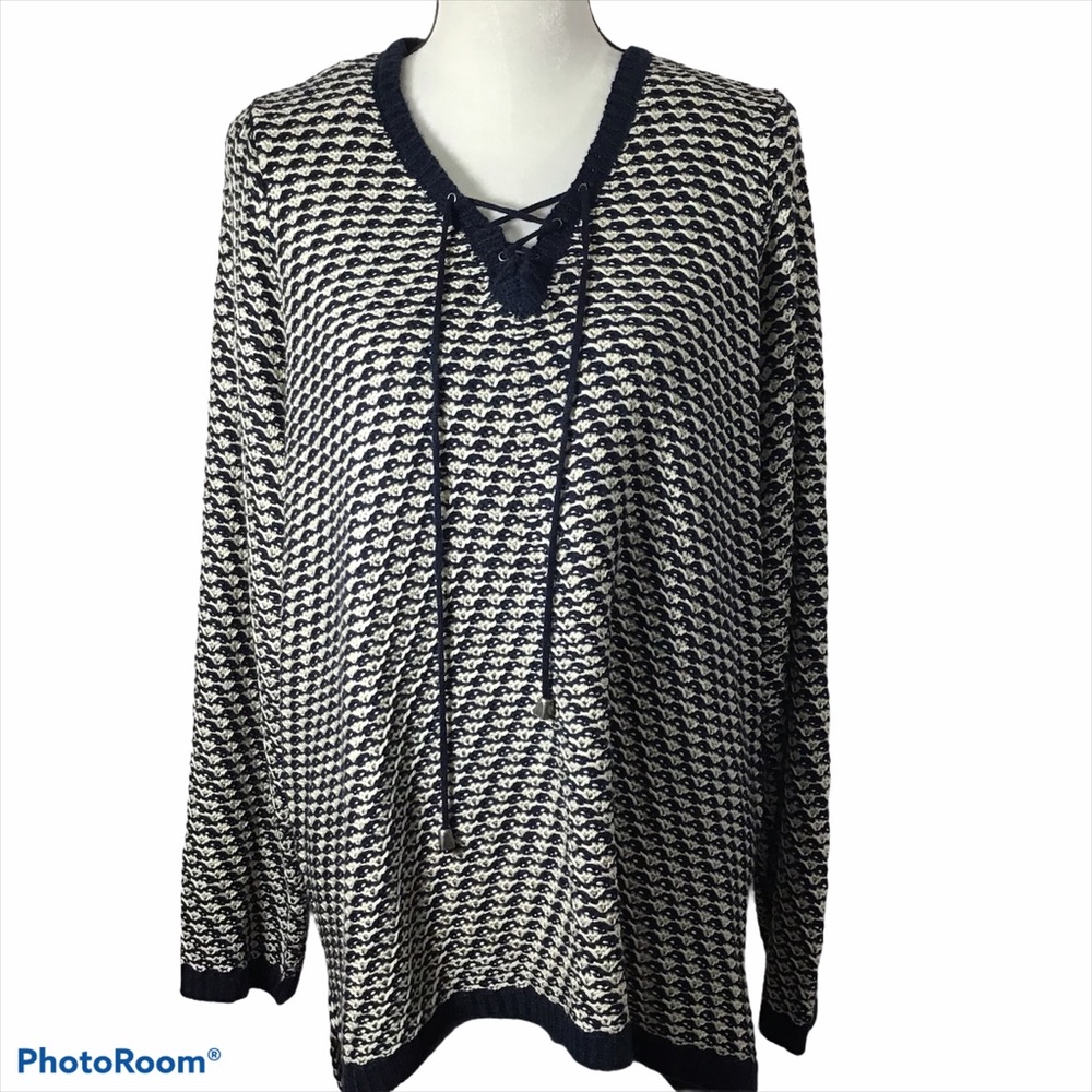 Sunday Navy Ivory Tie V Neck Loose Knit Sweater‎ 3X